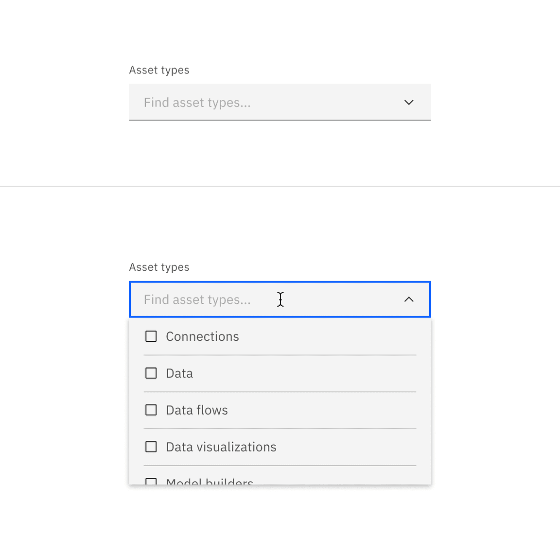 Default filterable dropdown closed and open state.